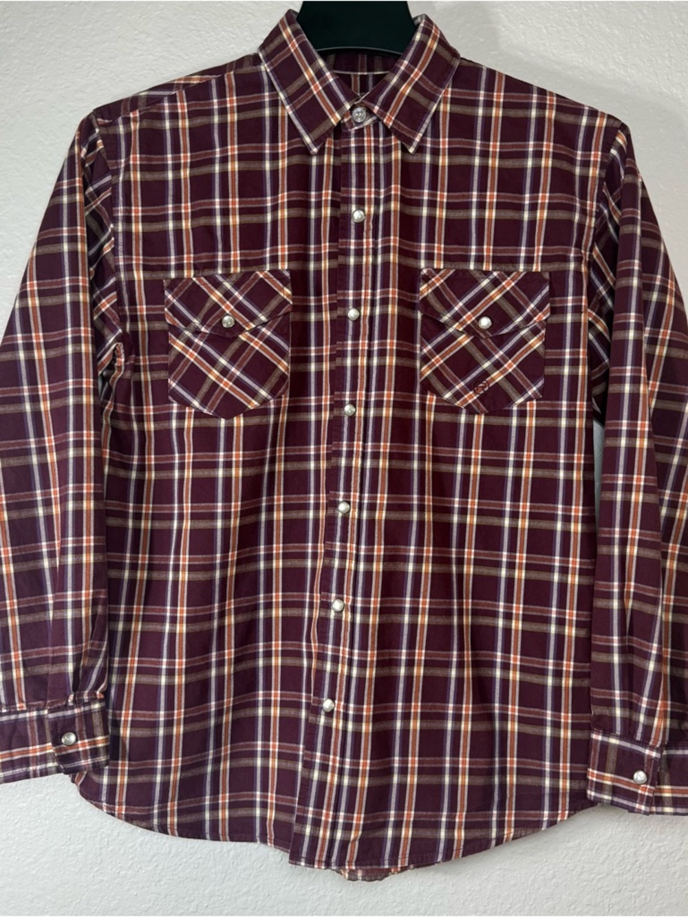 Roper Shirt Boys XL 16/18 Plaid Pearl Snap Western Rodeo Burgundy Orange